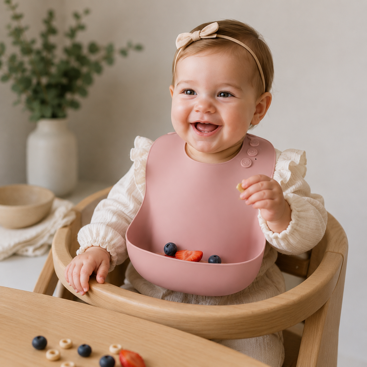 Adjustable waterproof silicone baby bib with food catcher for newborns and toddlers, BPA free.