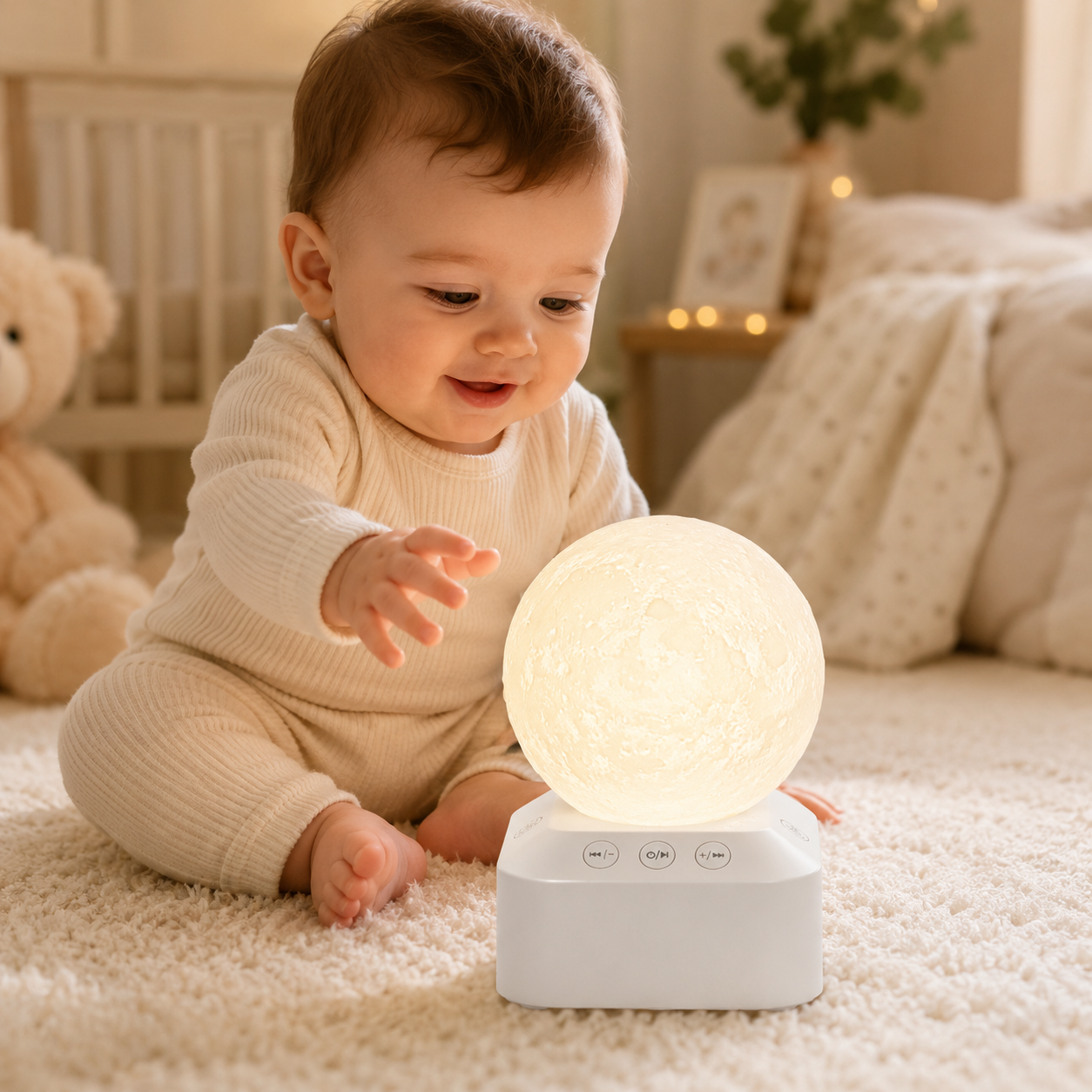 MoonGlow baby sound machine with white noise, lullabies, and soft night light for newborns and infants.